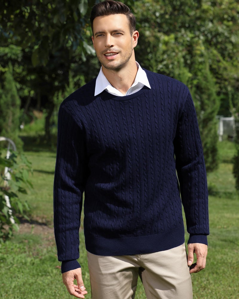 Kallspin Men's Cable Knit Crewneck Sweater Pullovers Wool Blend Relax Fit Knitwear (Navy Blue, Large) - Image 5